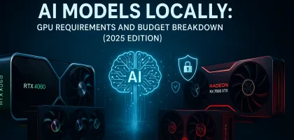 Hero image showing NVIDIA and AMD GPUs with a glowing AI neural network hologram, representing local AI model performance, GPU requirements, and security