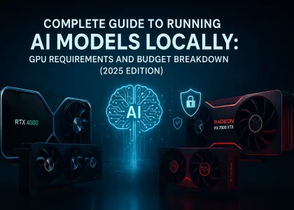 Hero image showing NVIDIA and AMD GPUs with a glowing AI neural network hologram, representing local AI model performance, GPU requirements, and security