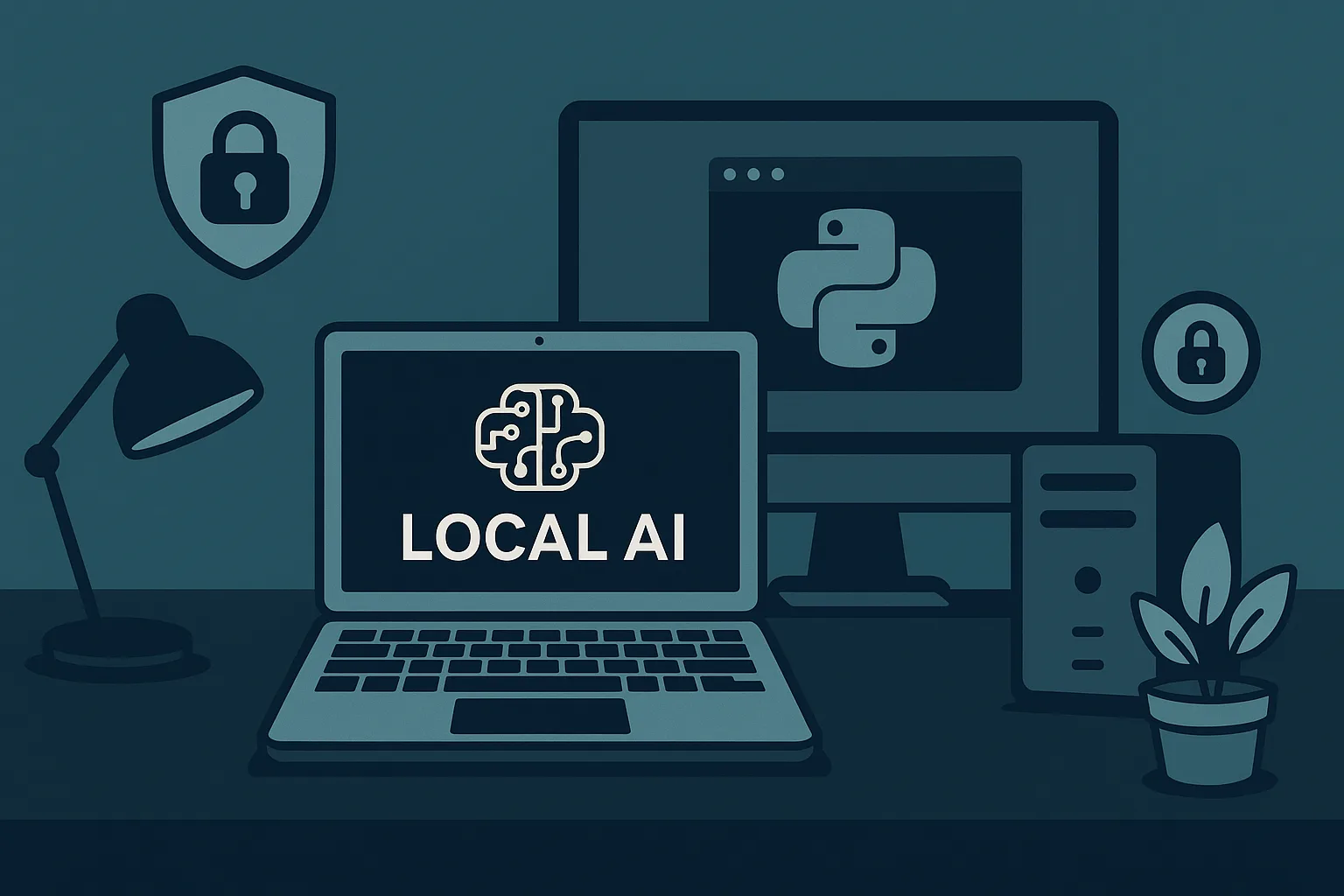 Illustration of a home computer setup running local AI models with privacy-focused technology icons and a modern, minimalist design.