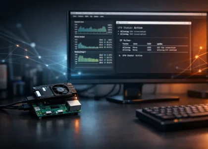 Wide banner showing a Raspberry Pi 5 running a local AI Linux agent for system monitoring and security hardening