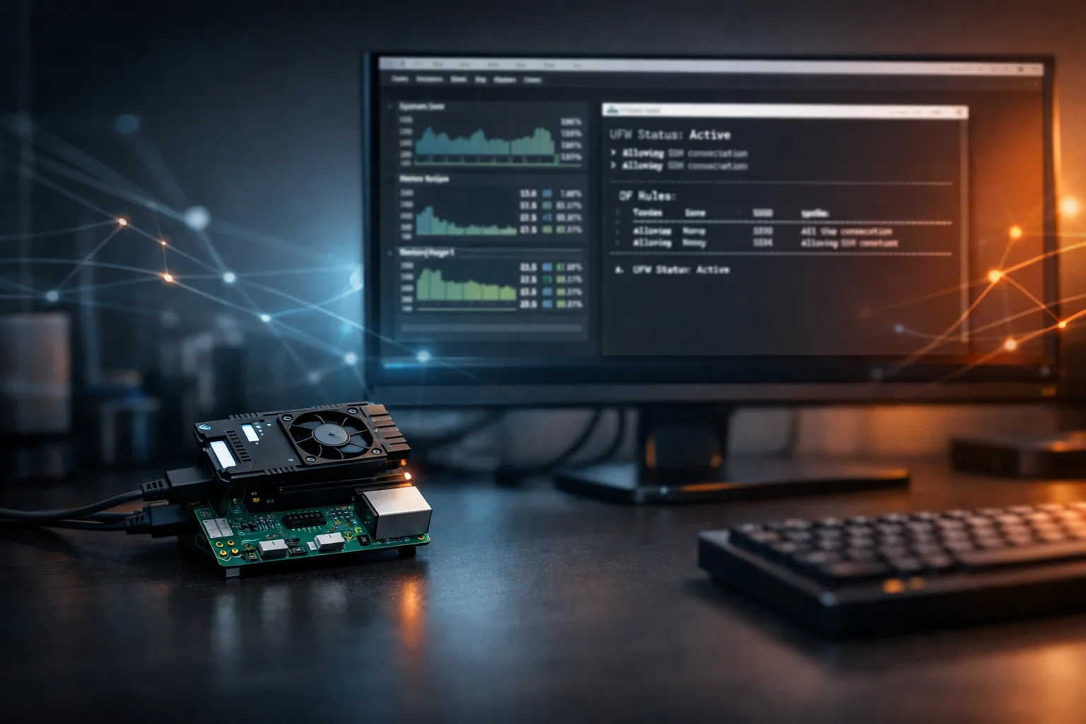 Wide banner showing a Raspberry Pi 5 running a local AI Linux agent for system monitoring and security hardening
