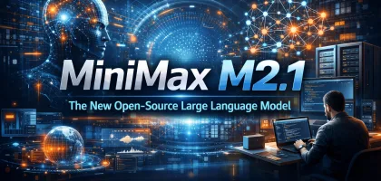 MiniMax M2.1 open-source large language model visualized with AI neural network and developer workstation