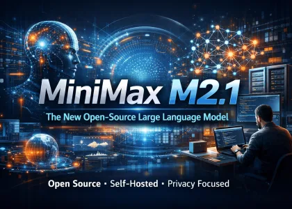 MiniMax M2.1 open-source large language model visualized with AI neural network and developer workstation