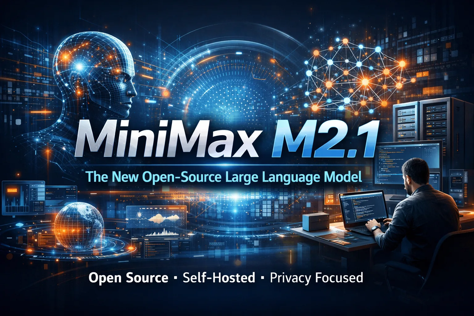 MiniMax M2.1 open-source large language model visualized with AI neural network and developer workstation