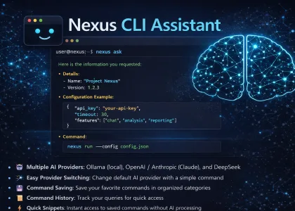 Nexus CLI Assistant terminal interface showing AI-powered command responses with syntax-highlighted code blocks