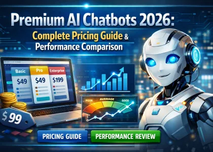 Premium AI chatbot comparison graphic showing pricing tiers and performance charts for leading AI tools in 2026