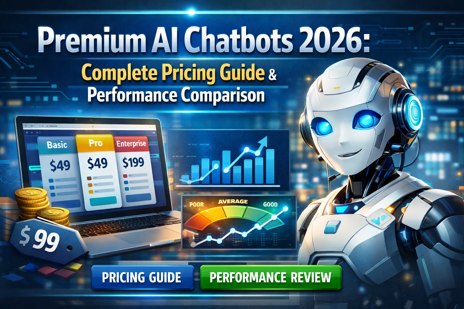 Premium AI chatbot comparison graphic showing pricing tiers and performance charts for leading AI tools in 2026