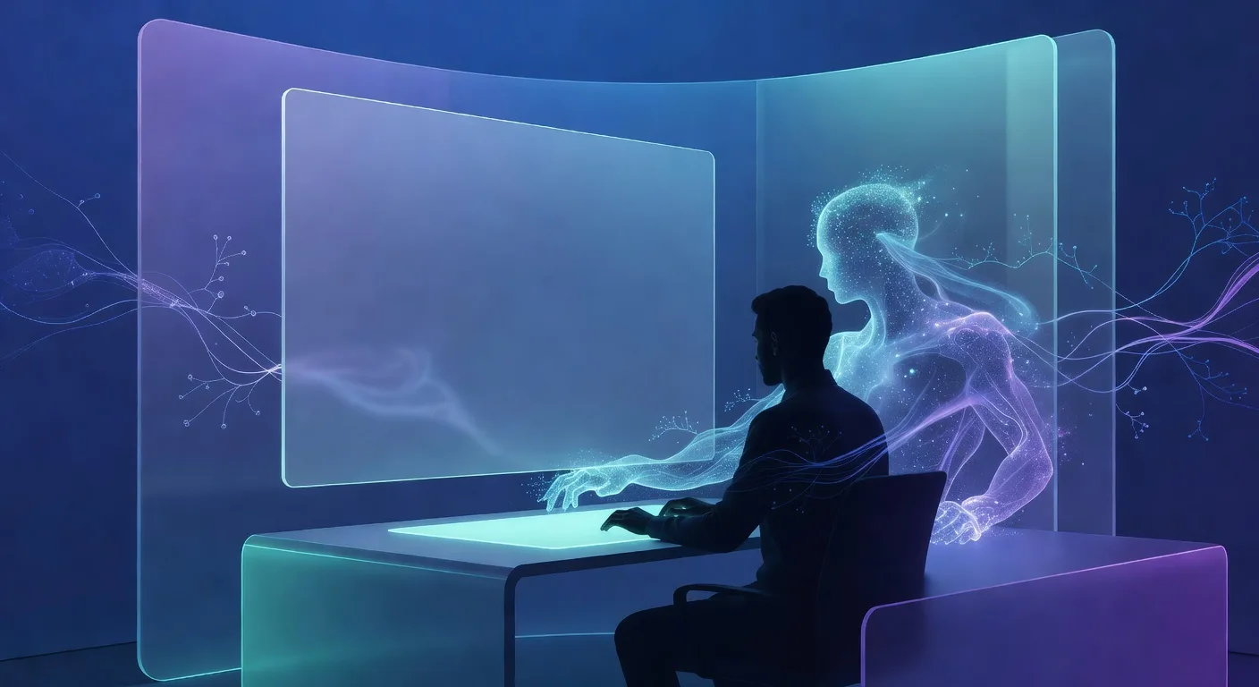 Futuristic coding workspace with abstract assistant glow beside a blank code editor, no text or logos.