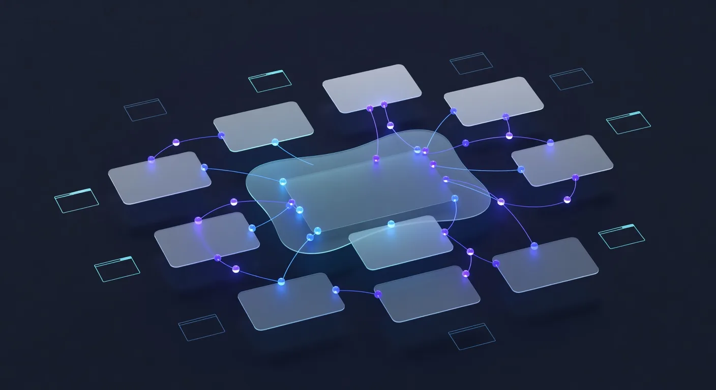 Abstract coding agent workflow with connected blank panels and glowing task nodes, no text or logos.
