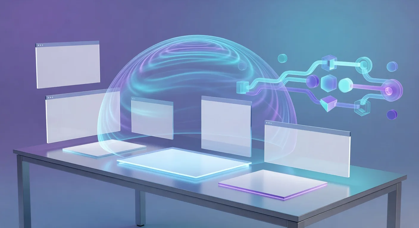 Secure futuristic coding workspace with shield-like abstract glow and blank panels, no text or logos.