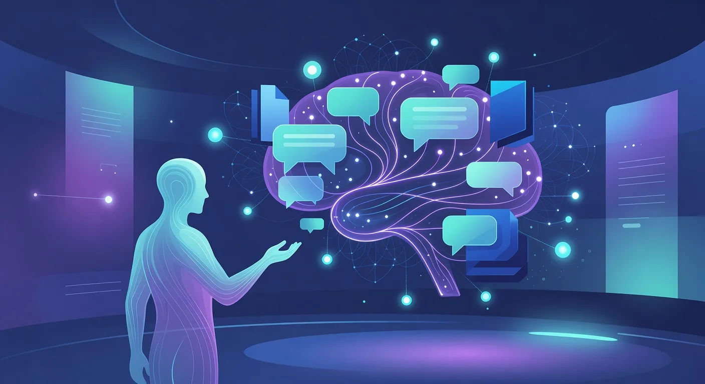 A friendly AI guide introducing a general purpose AI assistant through abstract chat bubbles and glowing idea paths.