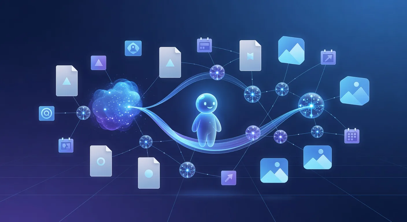A friendly AI guide connecting search, documents, images, and productivity tools around an AI assistant.