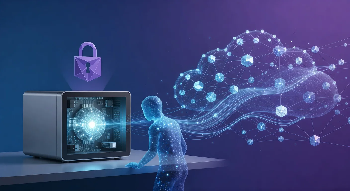 A split visual showing local AI on a personal machine connected to cloud AI network nodes.