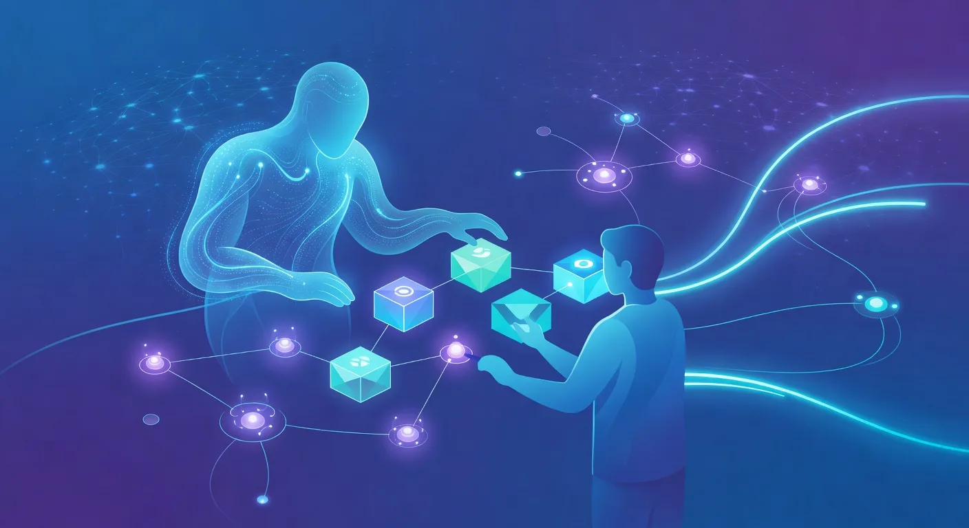 A friendly AI guide helping a learner shape an AI prompt using abstract instruction blocks and glowing paths.