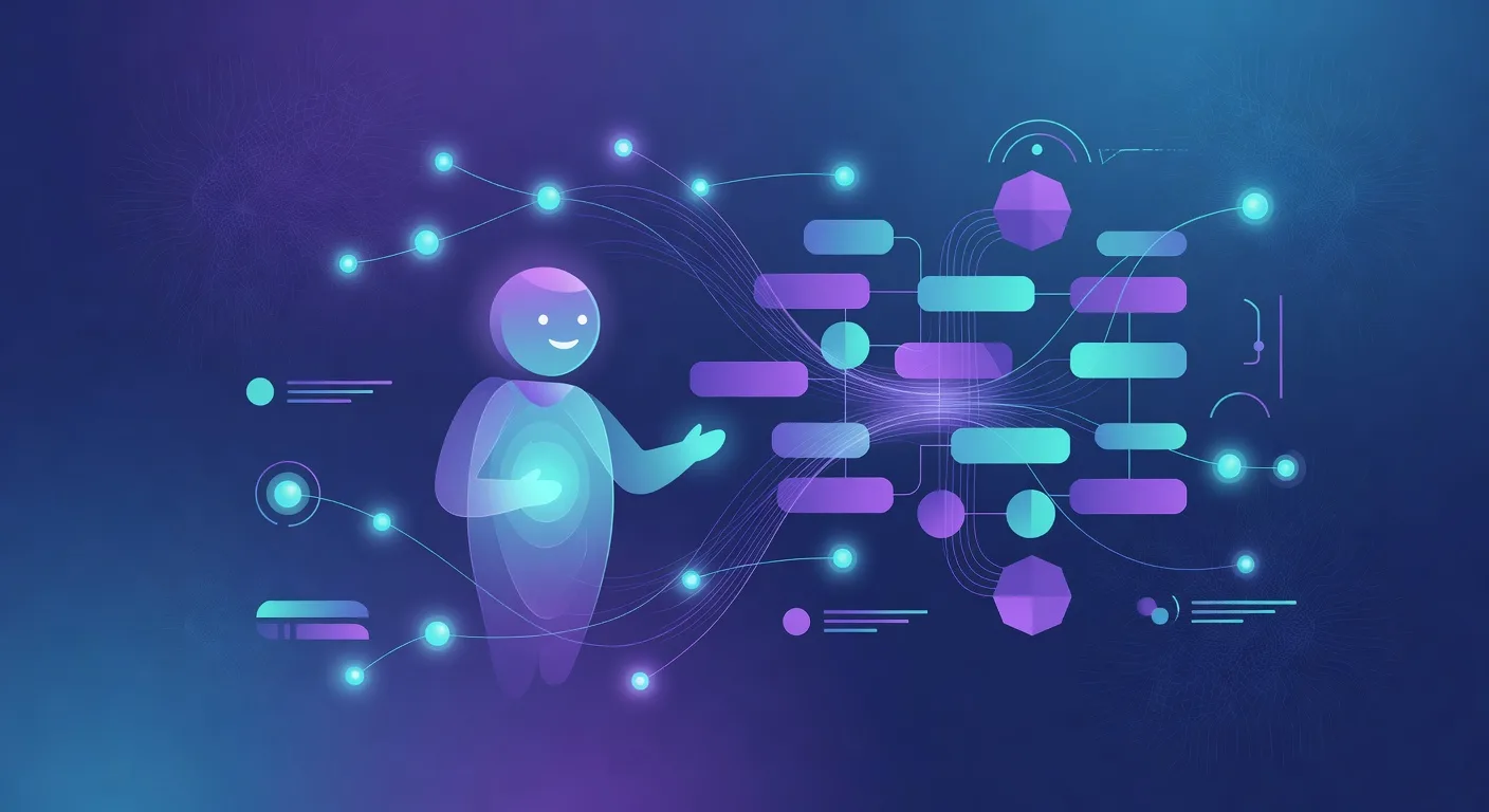 A friendly AI guide explaining a glowing language model made of connected word and idea nodes.